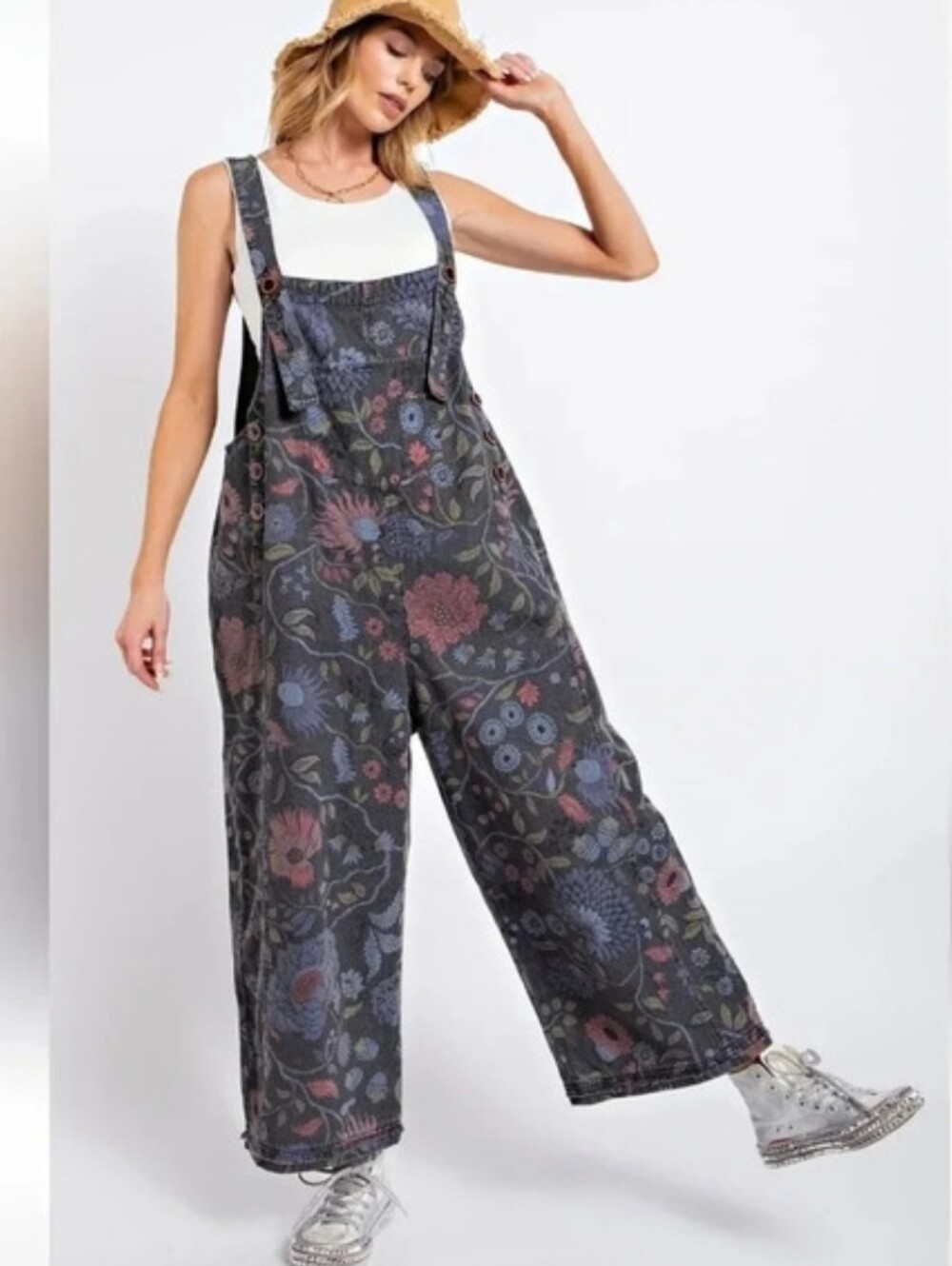 Easel Floral Printed Oversized Overalls Jumpsuit Size Medium
